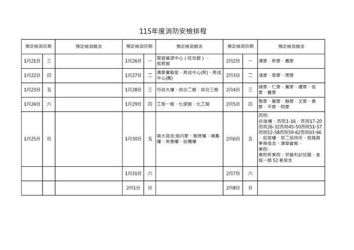 115年度消防安全設備檢修申報檢查預定排程表圖片